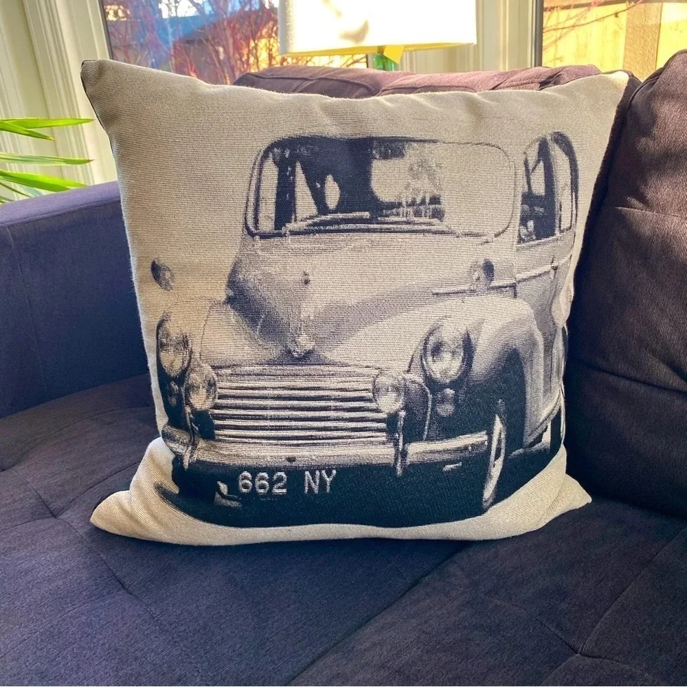 Rare Accent Pillow with Vintage Farm Truck Black and Cream 15” Rustic Farmhouse